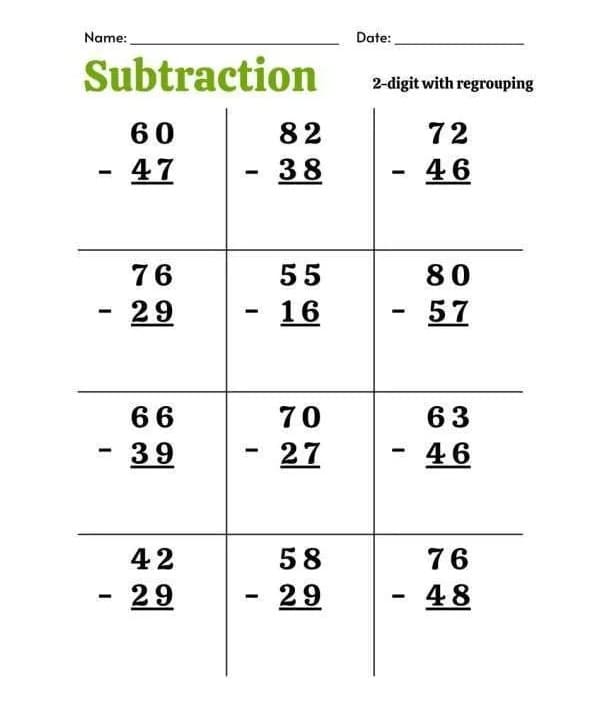 Double Digit Subtraction Download Free