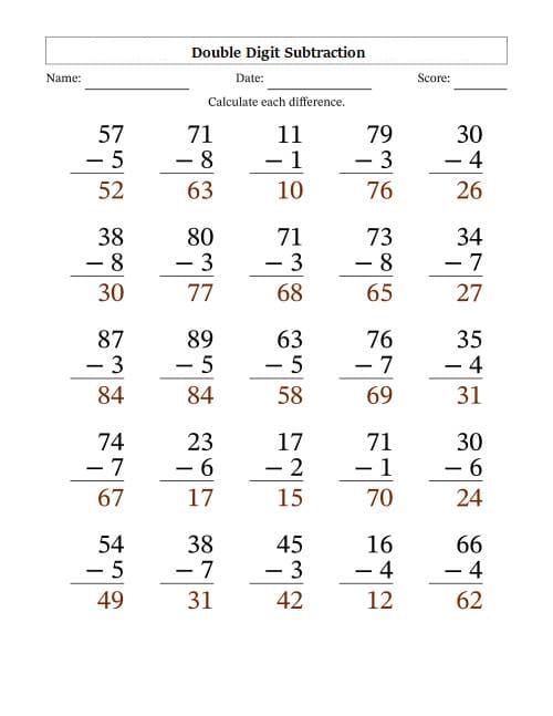 Double Digit Subtraction Free Picture