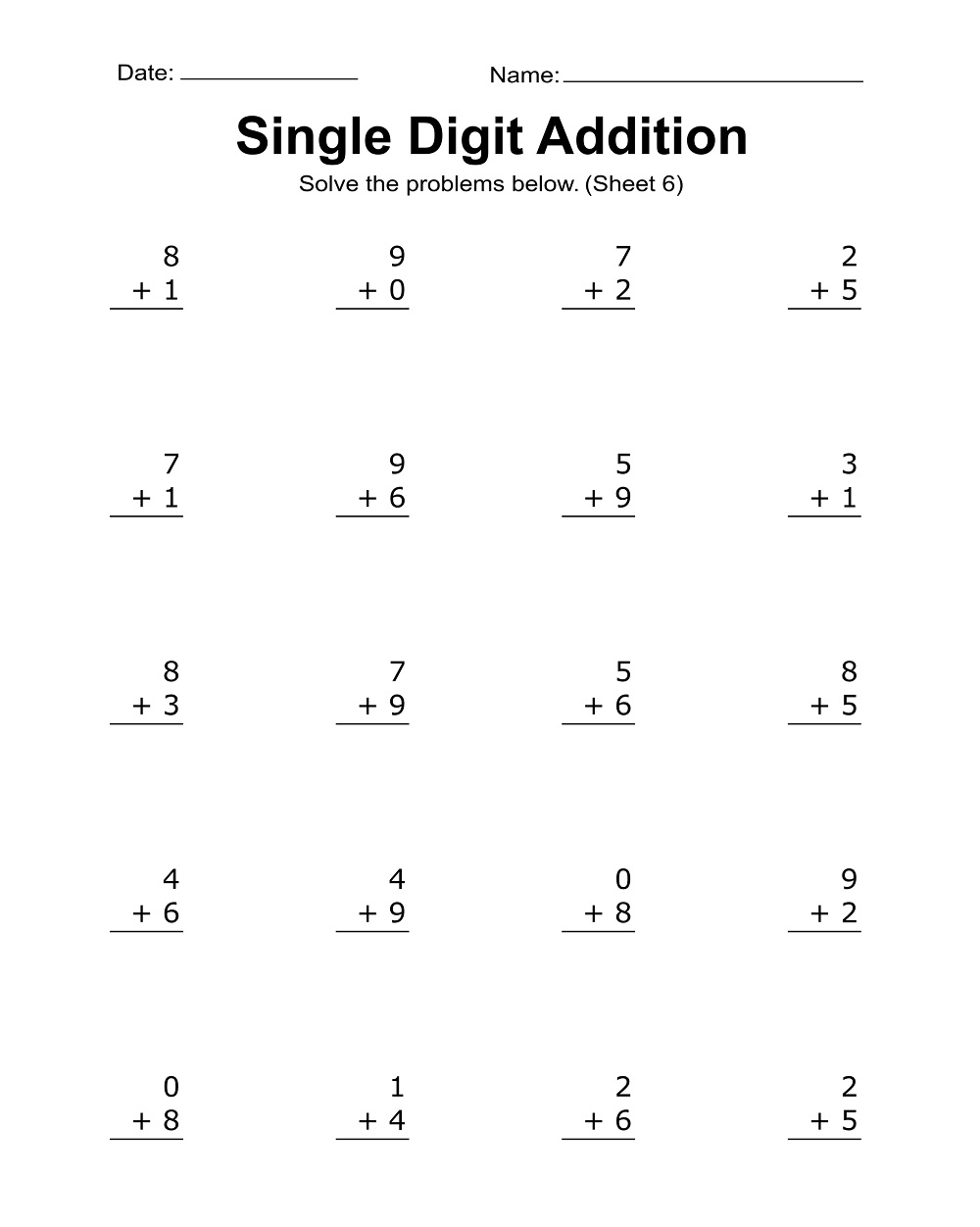 Download Single Digit Addition Worksheet Image