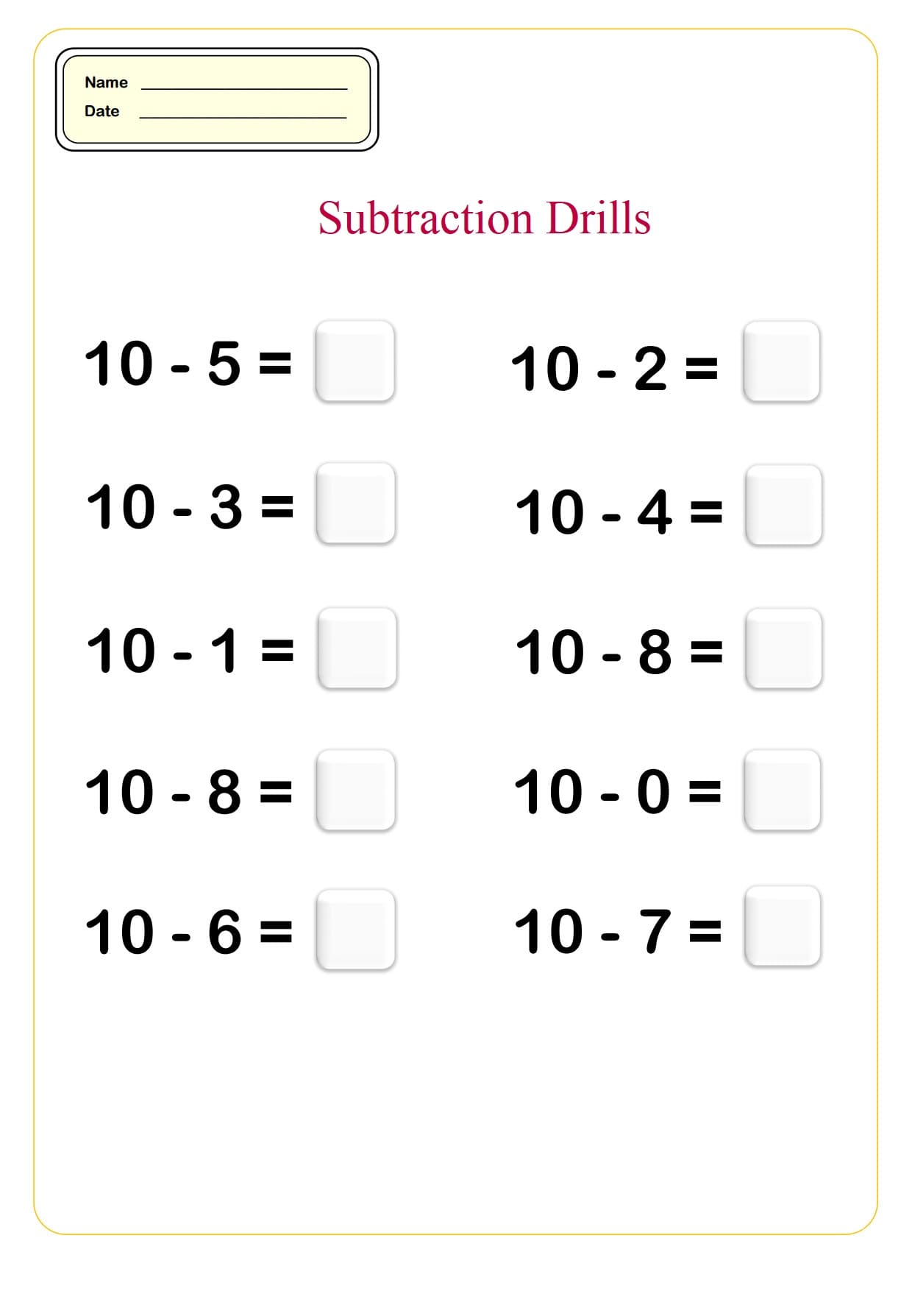 Easy Subtraction Drills