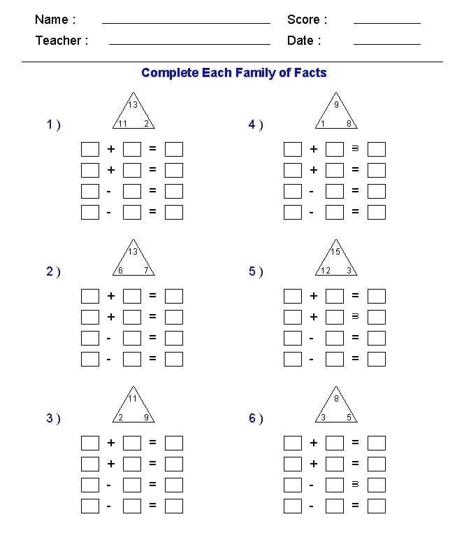 Fact Family Worksheets Free