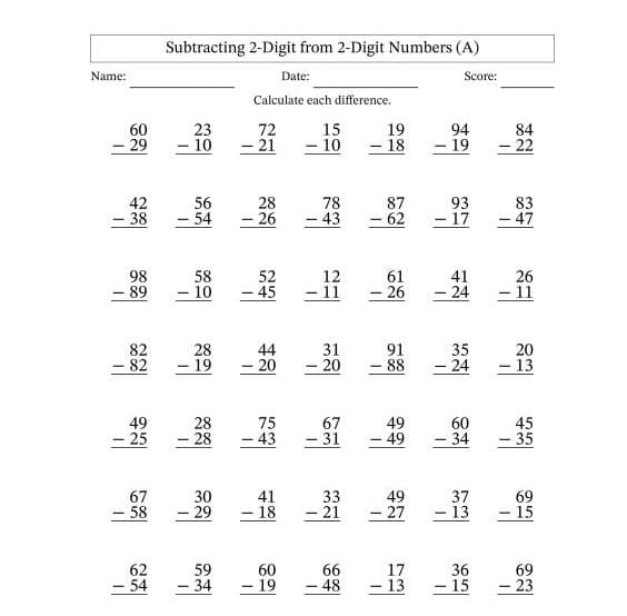 Double Digit Subtraction