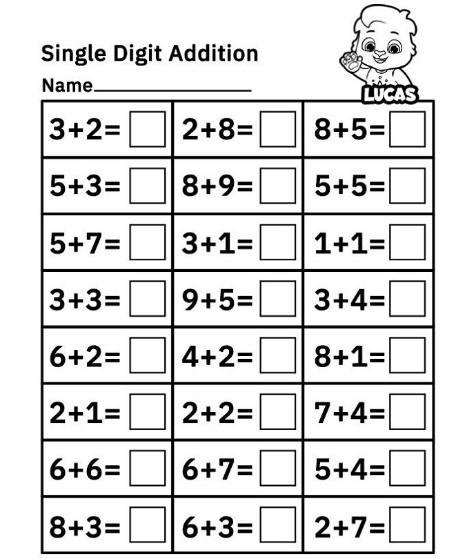 Free Single Digit Addition Worksheet