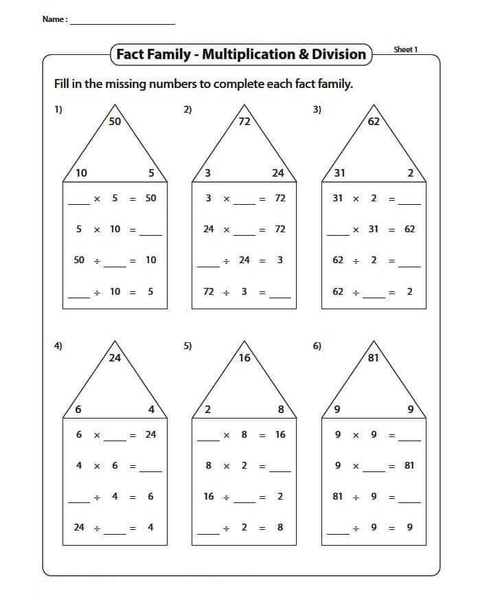 Image of Fact Family Worksheets