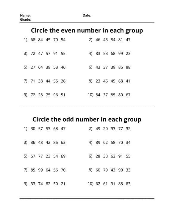 Odd vs Even Numbers Practice Sheet