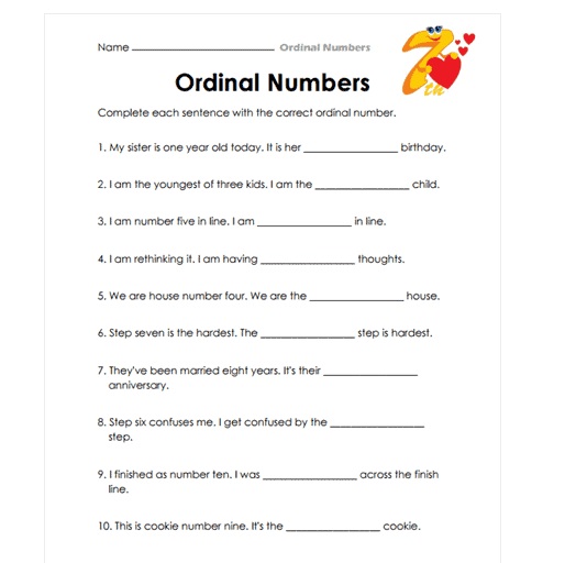 Ordinal Numbers in Sentences Worksheet