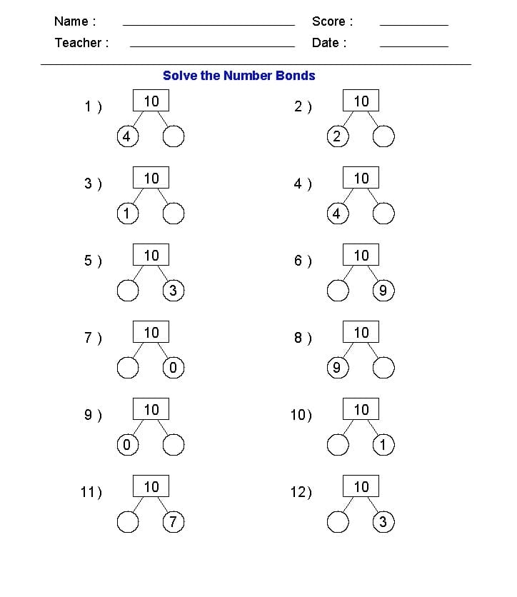 Simple Number Bond Worksheet