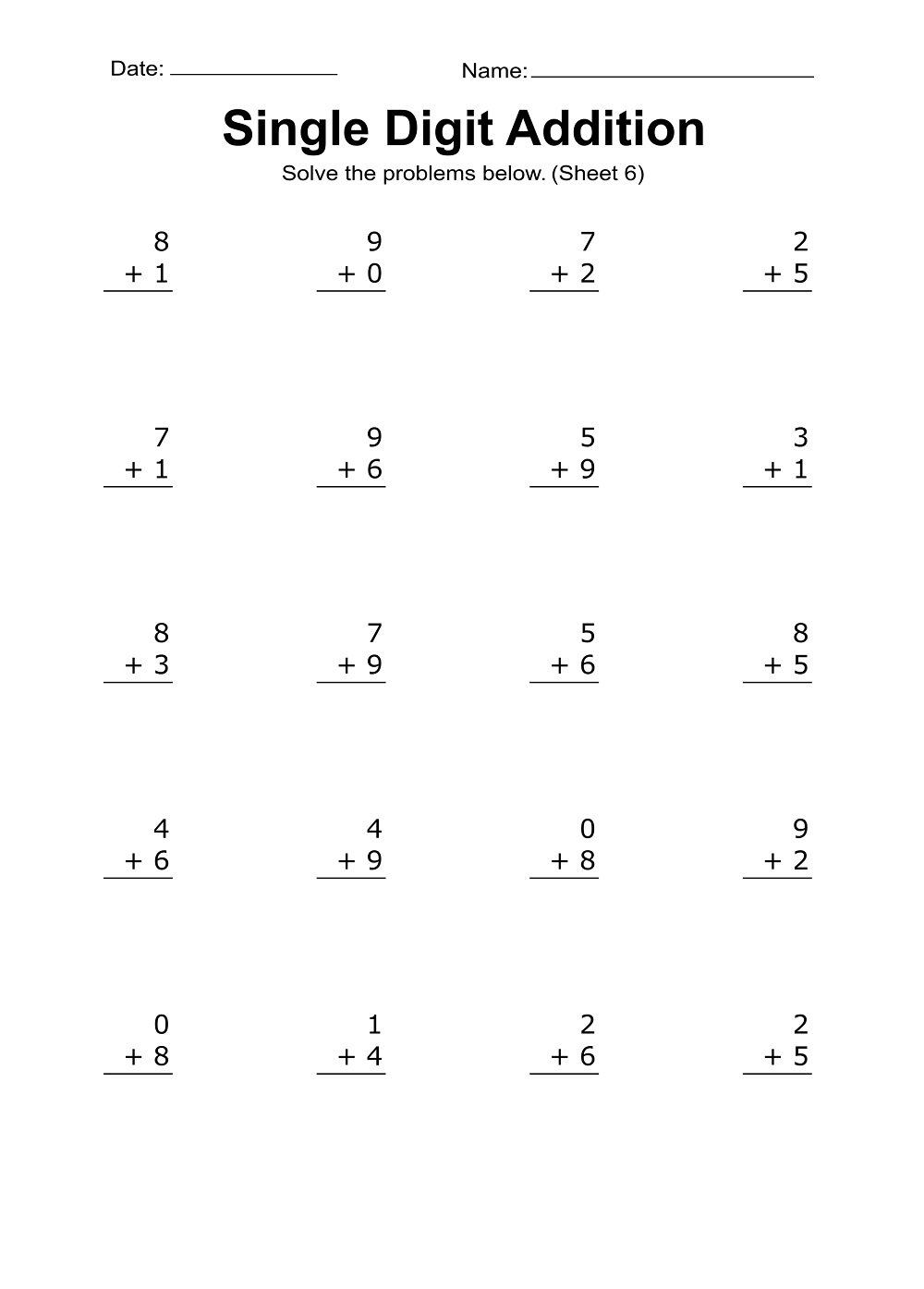 Simple Single Digit Addition Worksheet