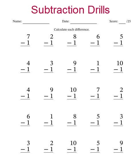 Simple Subtraction Drills