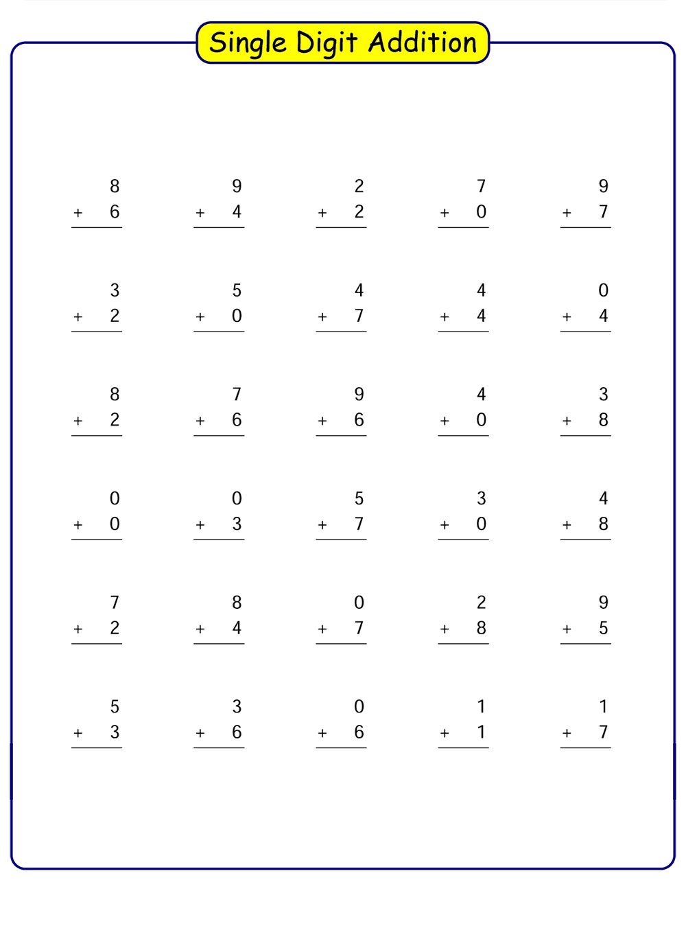 Single Digit Addition Worksheet For Free