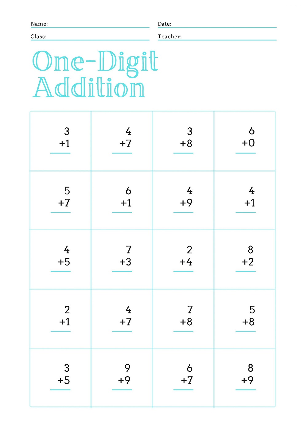 Single Digit Addition Worksheet Free Download