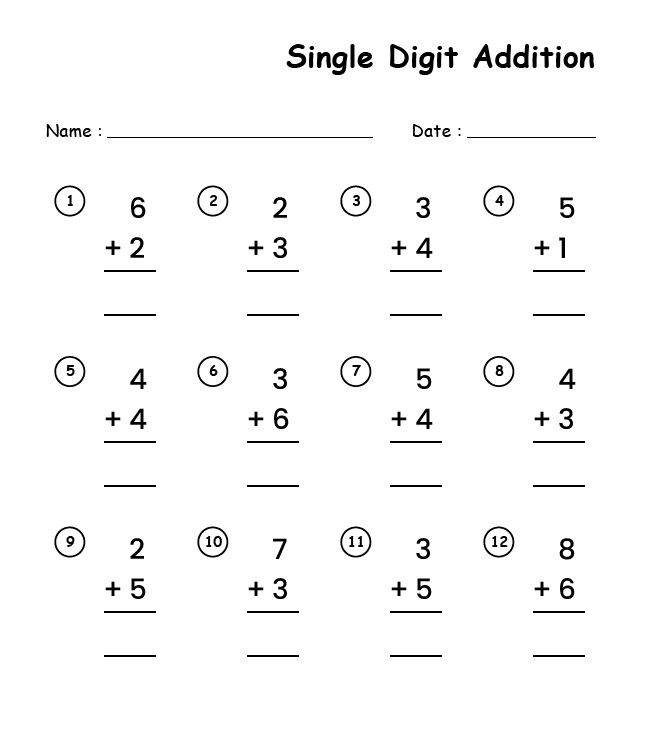 Single Digit Addition Worksheet Free Photo