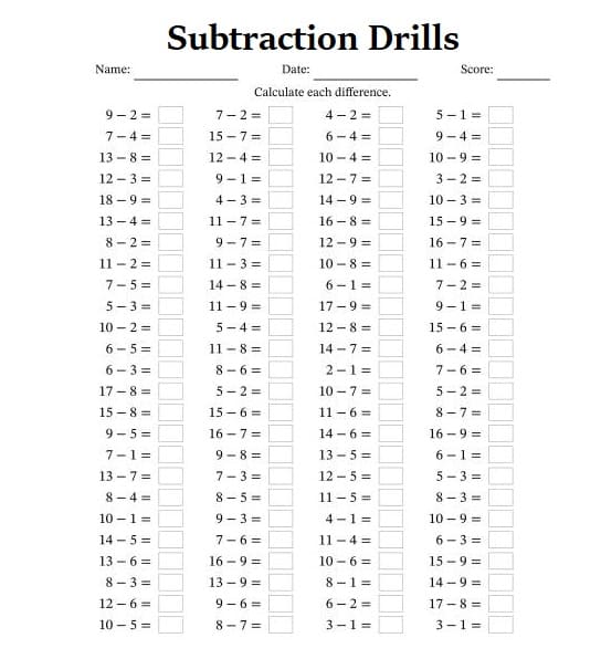 Subtraction Drills Free