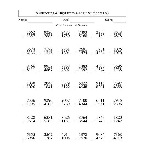 4 Digit Subtraction Worksheet Download Free