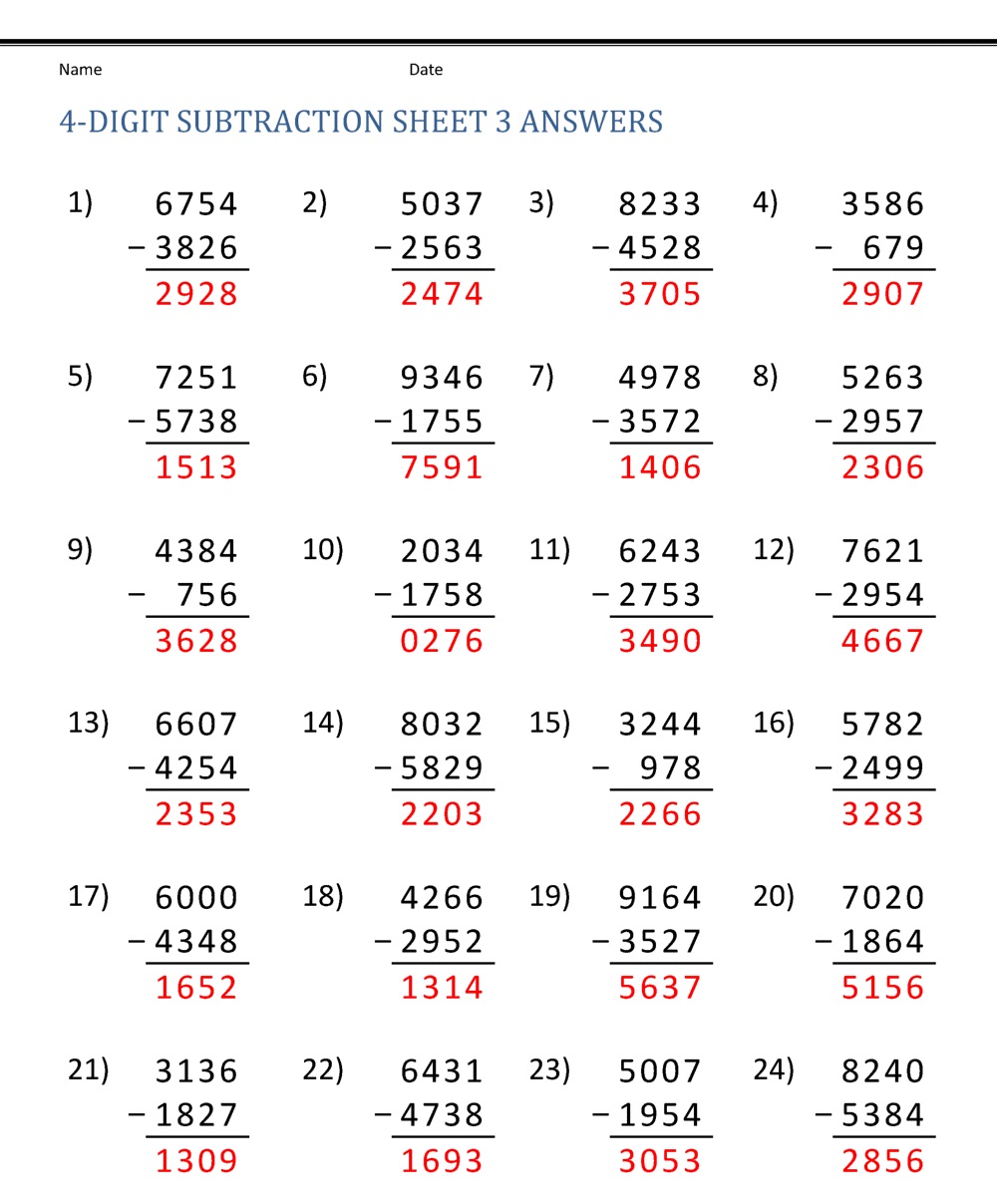 4 Digit Subtraction Worksheet Download