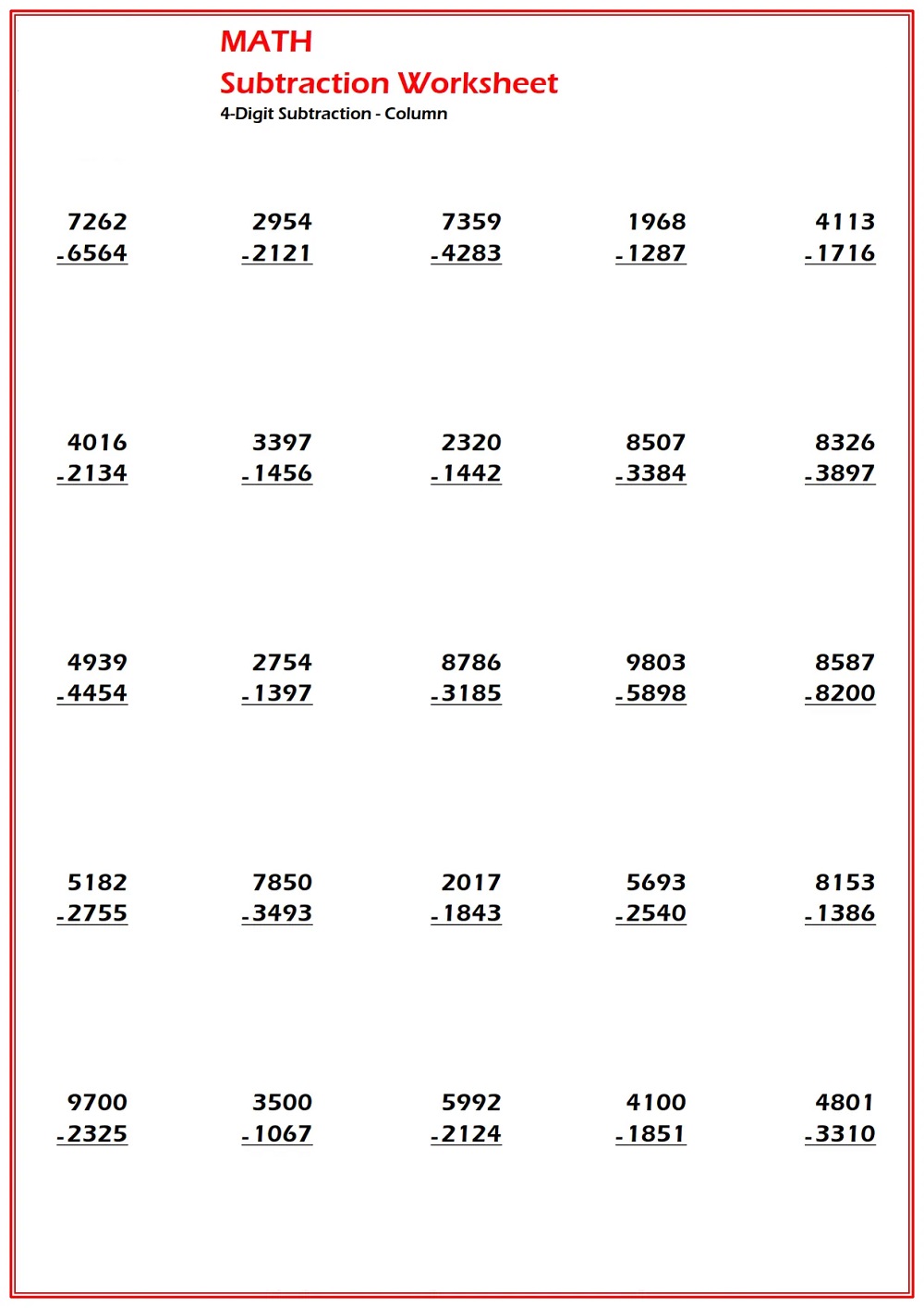 4 Digit Subtraction Worksheet For Free