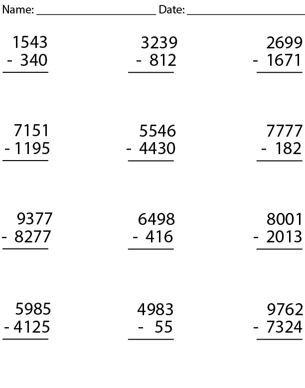 4 Digit Subtraction Worksheet For Kid