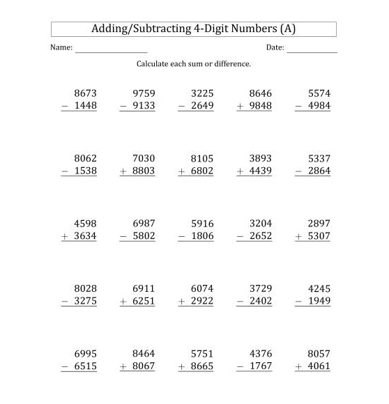 4 Digit Subtraction Worksheet For Kids