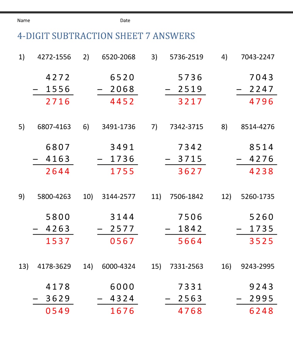 4 Digit Subtraction Worksheet Free