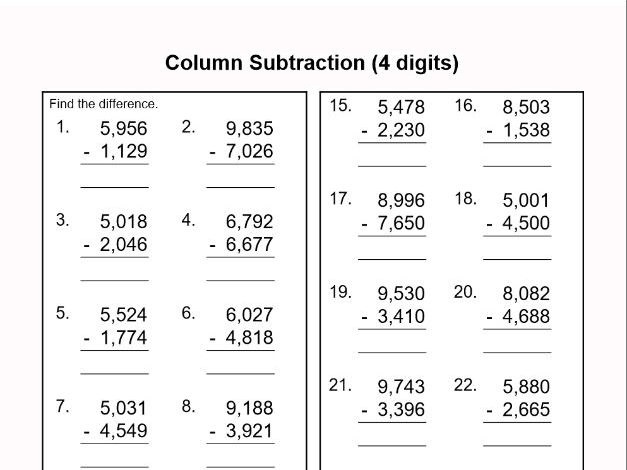 4 Digit Subtraction Worksheet Picture