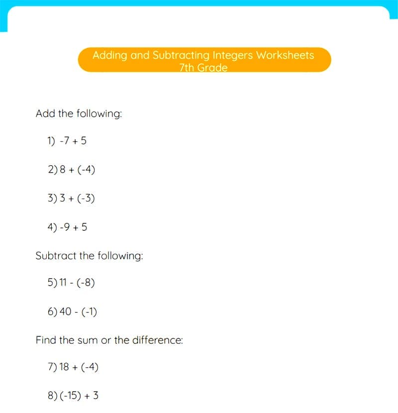 Adding and Subtracting Integers Worksheet Download Free