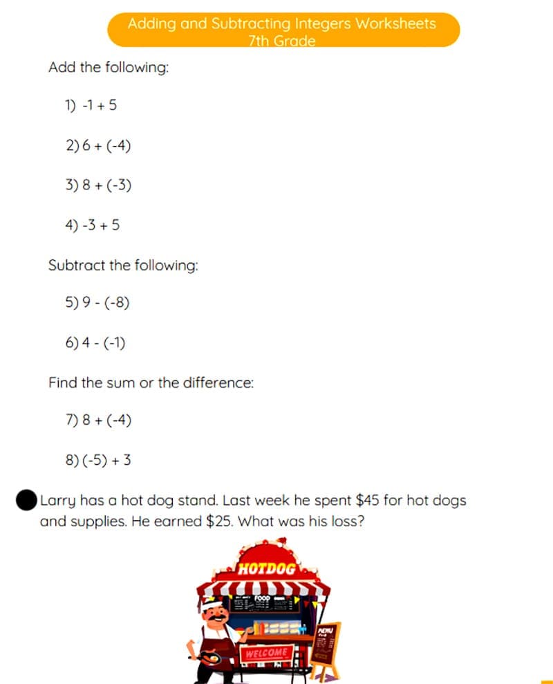 Adding and Subtracting Integers Worksheet Download