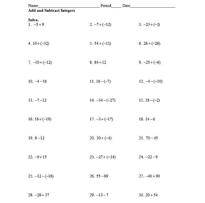 Adding and Subtracting Integers Worksheet For Free