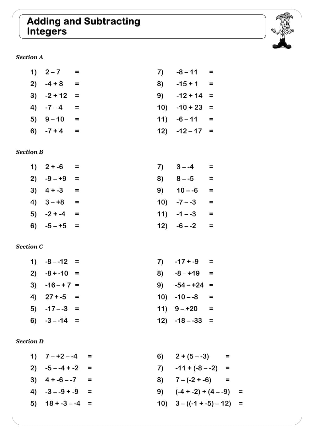 Adding and Subtracting Integers Worksheet For Fun