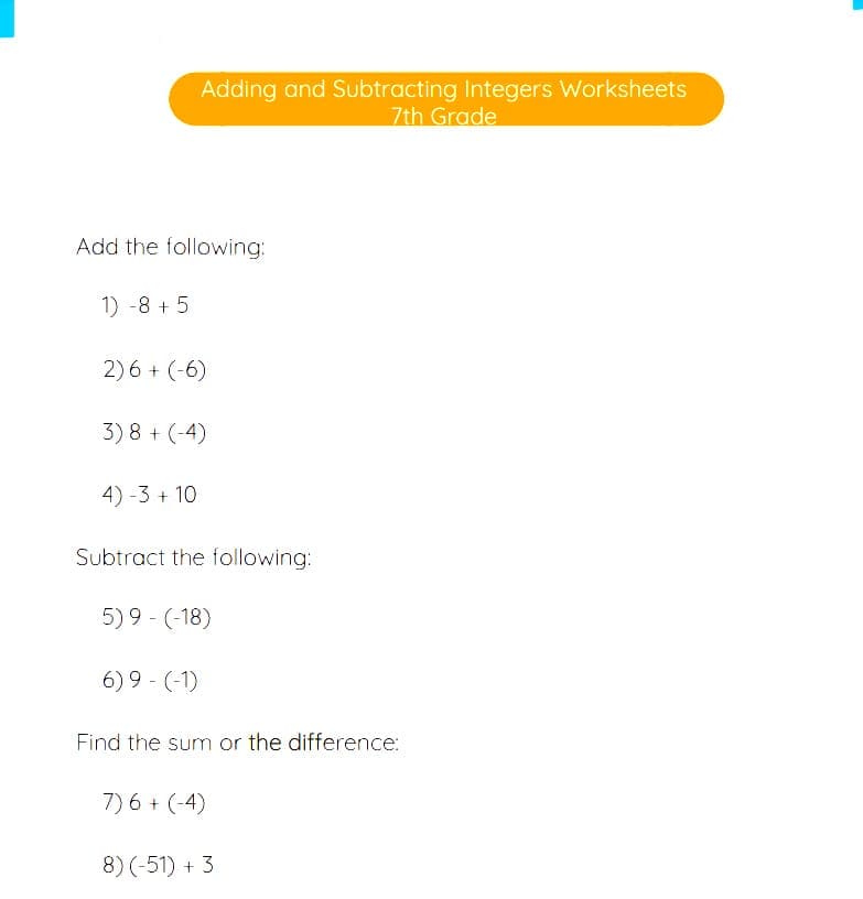 Adding and Subtracting Integers Worksheets