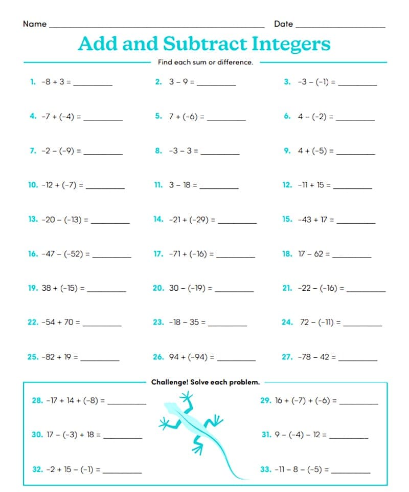 Adding and Subtracting Integers Worksheet For Kid