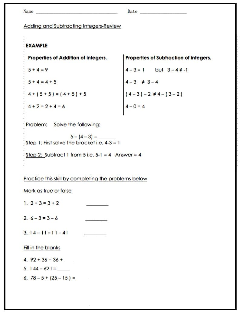 Adding and Subtracting Integers Worksheet For Kids