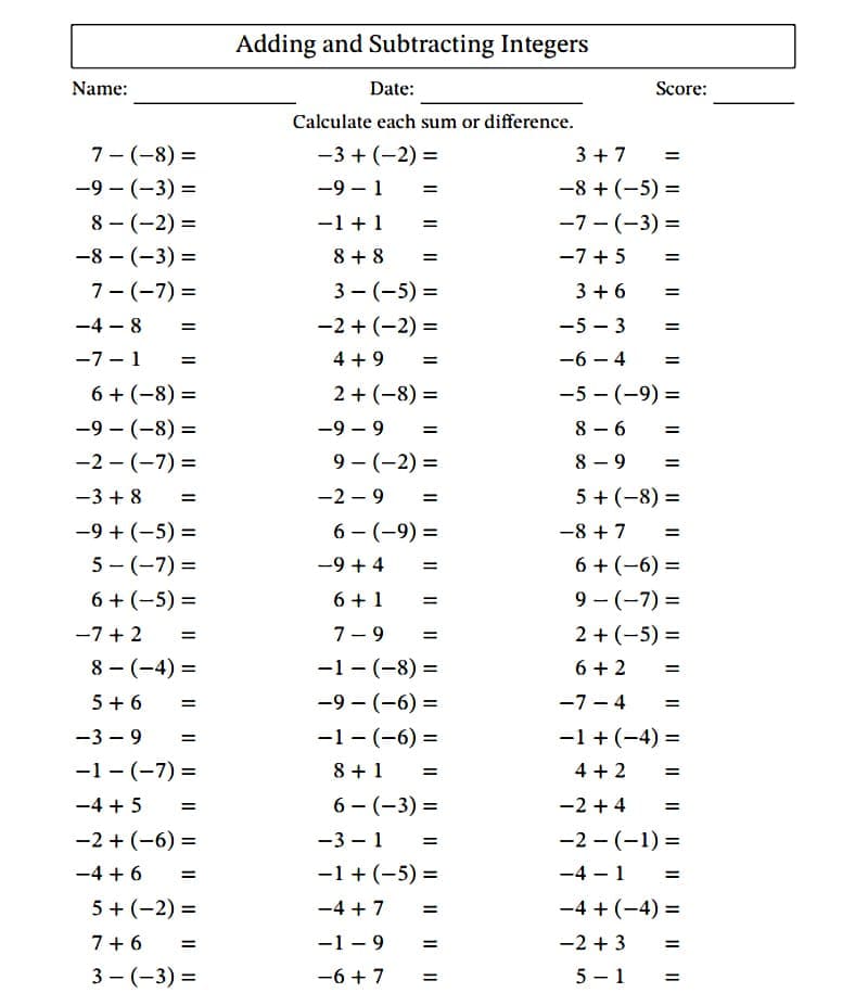 Adding and Subtracting Integers Worksheet Free Image