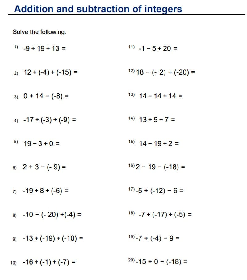 Adding and Subtracting Integers Worksheet Free Photo