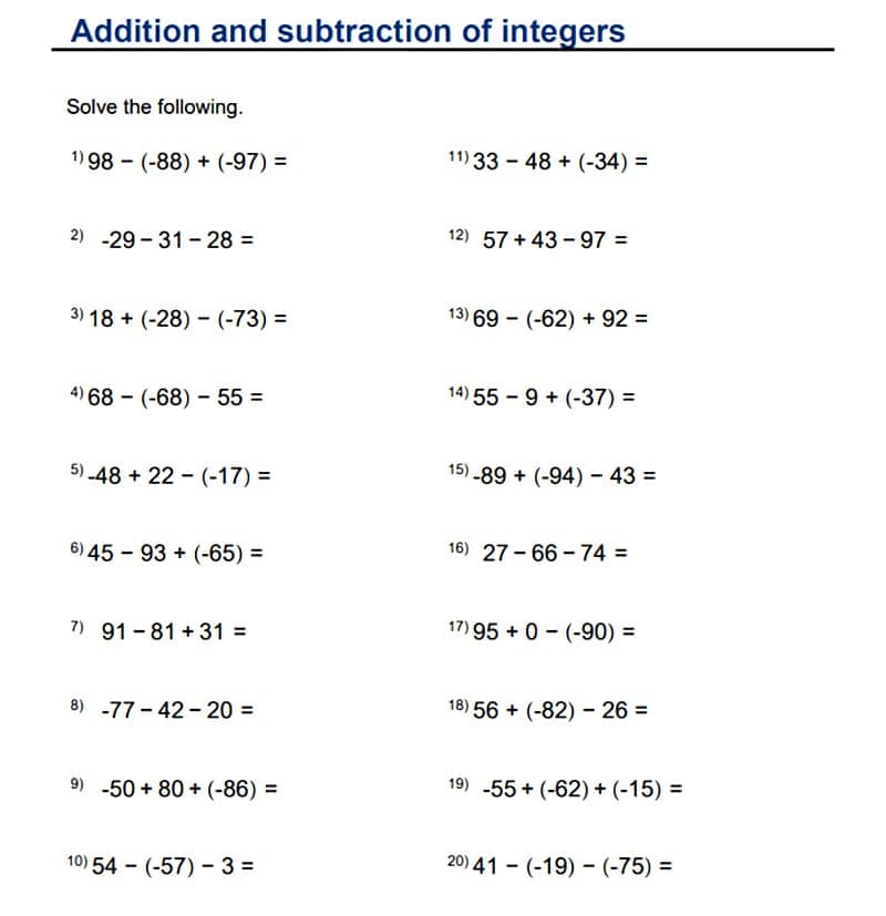 Adding and Subtracting Integers Worksheet Free Photos