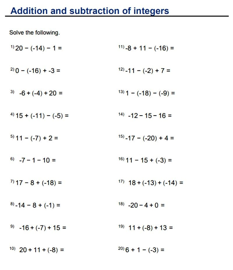 Adding and Subtracting Integers Worksheet Free