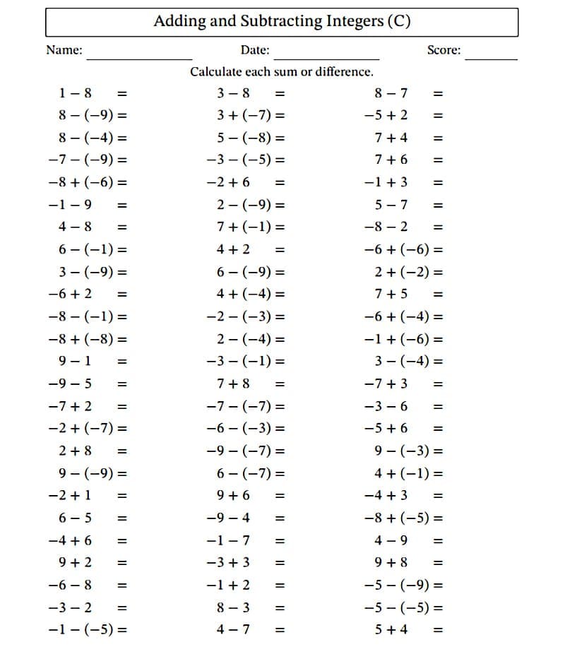 Adding and Subtracting Integers Worksheet Image