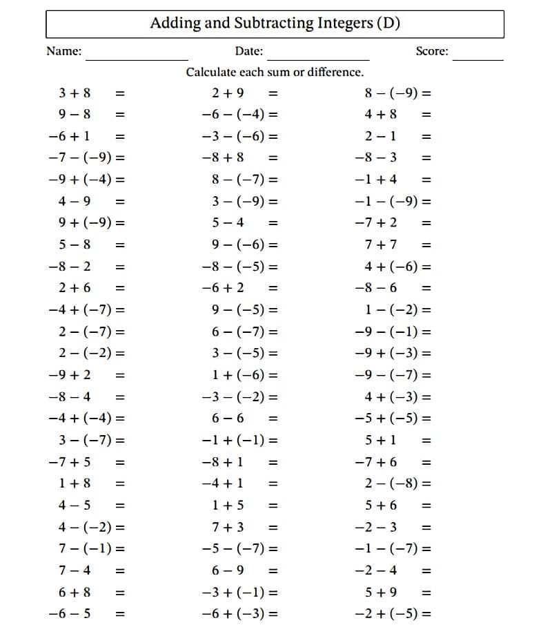 Adding and Subtracting Integers Worksheet Images