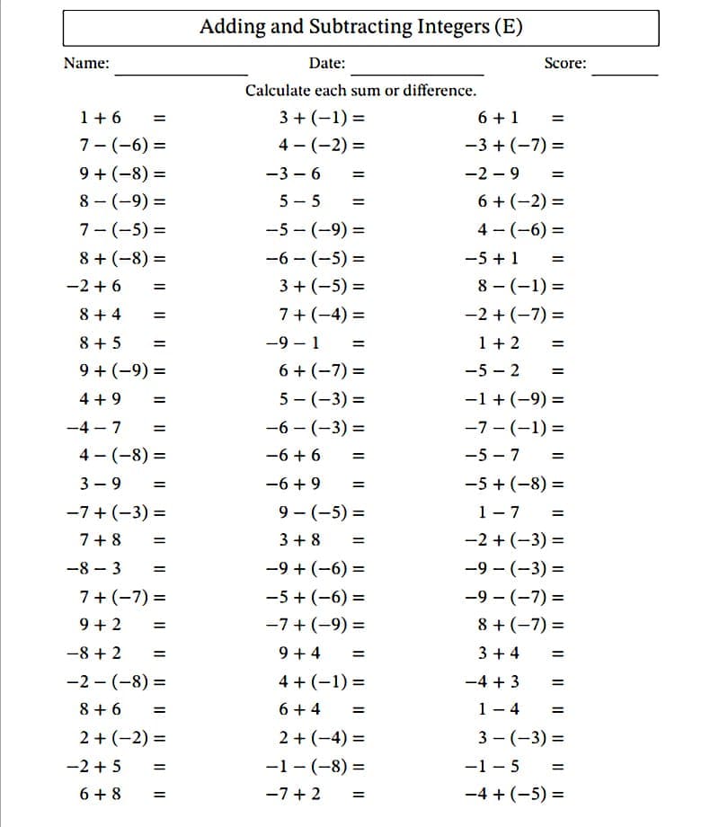 Adding and Subtracting Integers Worksheet Photo