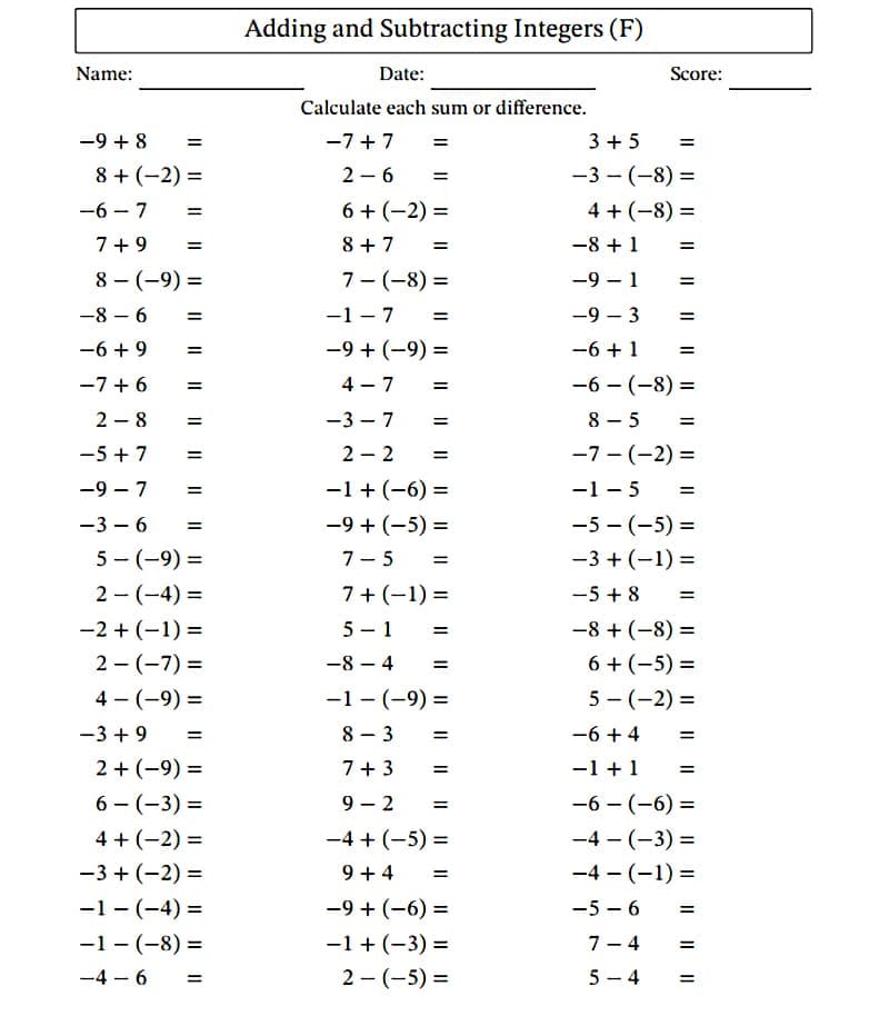 Adding and Subtracting Integers Worksheet Photos