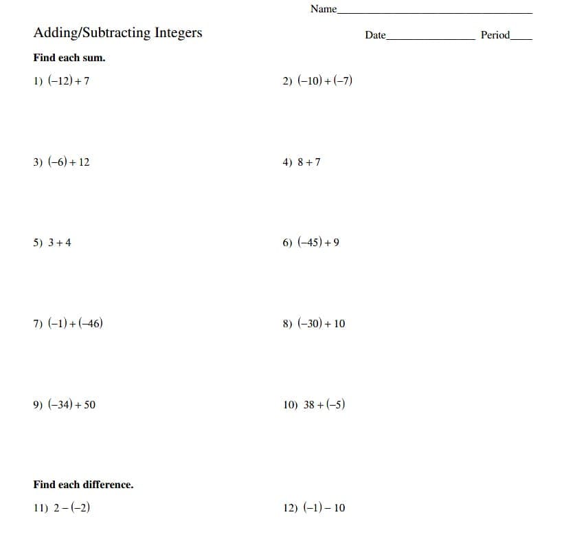 Adding and Subtracting Integers Worksheet Picture