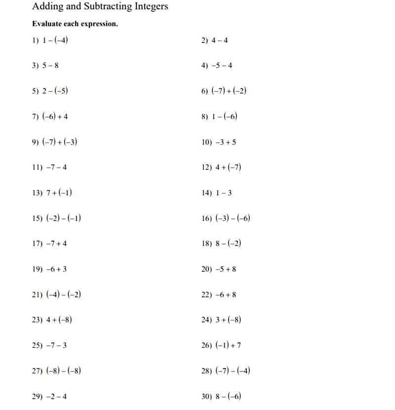 Adding and Subtracting Integers Worksheet Pictures