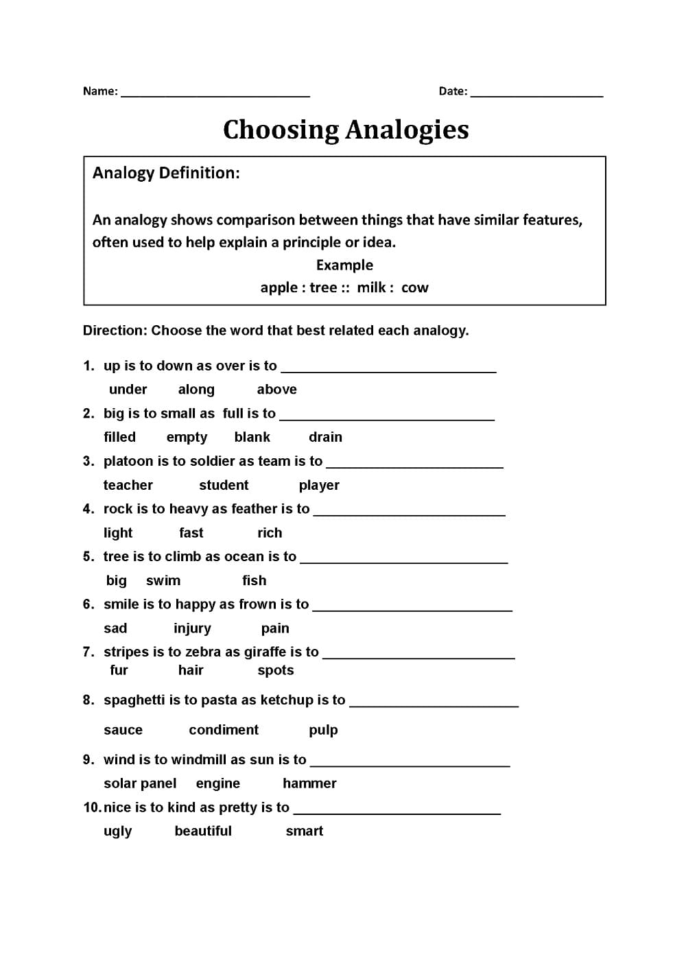 Analogies Worksheet Download Free