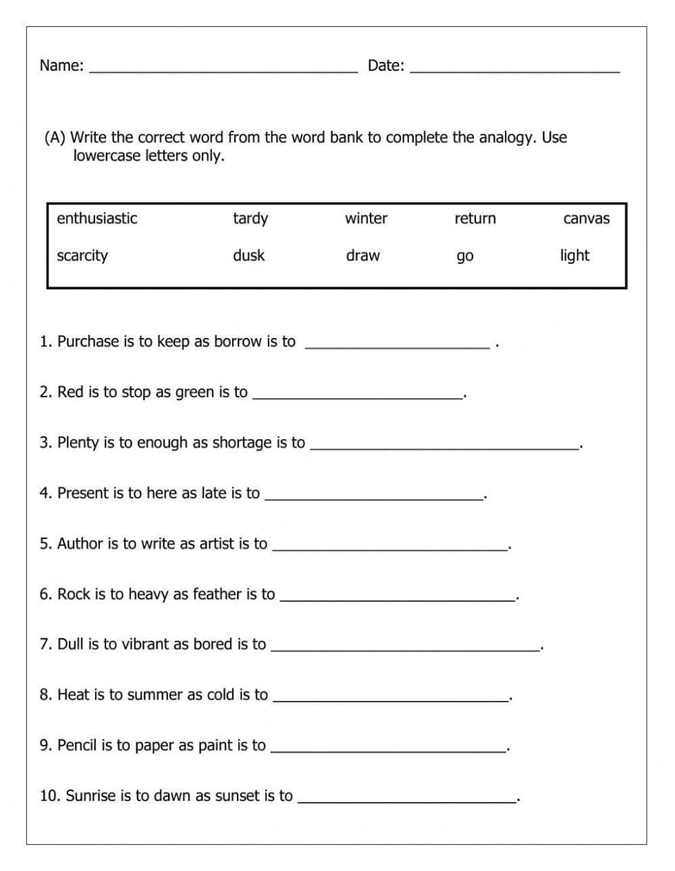 Analogies Worksheet Download