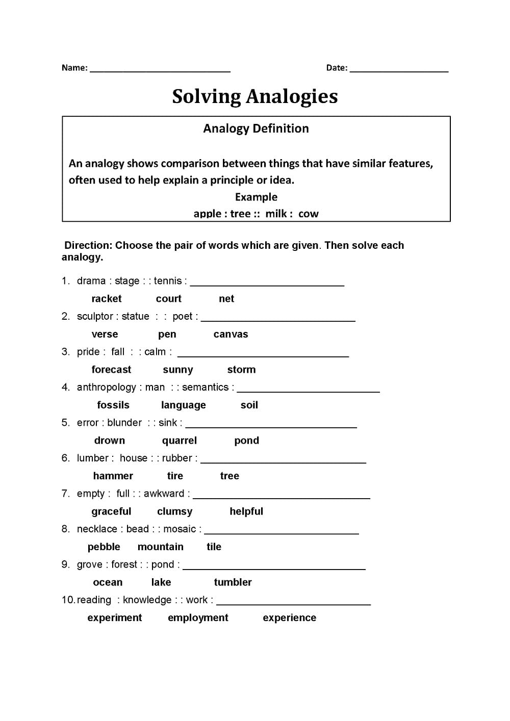 Analogies Worksheet For Free