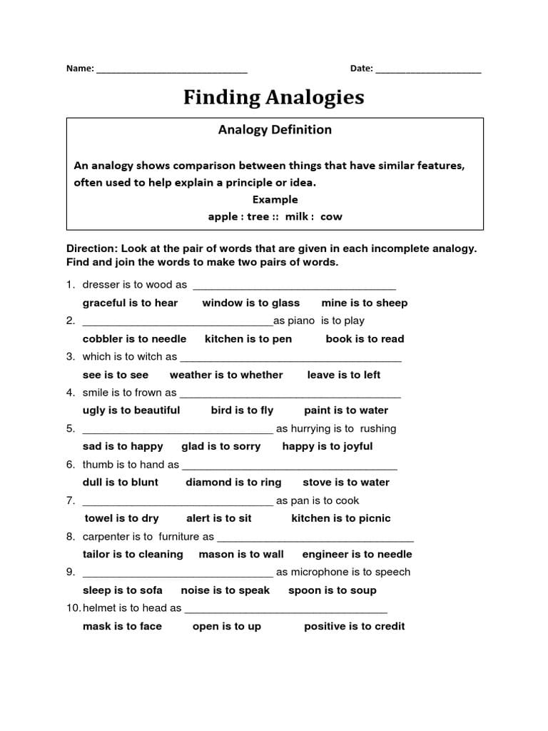 Analogies Worksheet For Kids