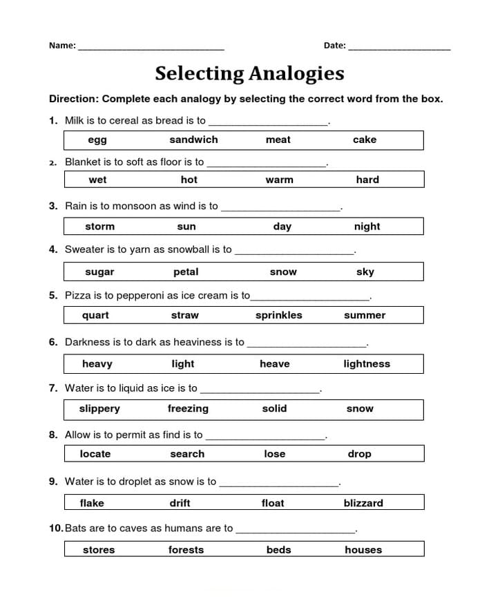 Analogies Worksheet Free Photo