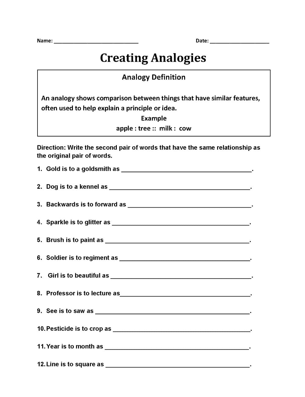 Analogies Worksheet Free Photos