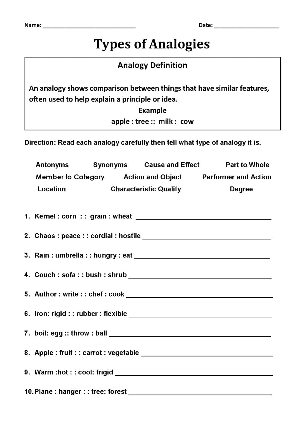 Analogies Worksheet Free Picture