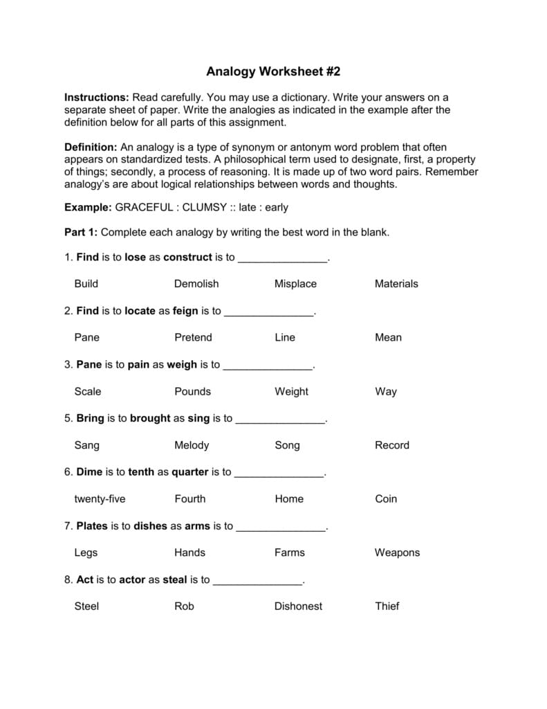 Analogies Worksheet Free Pictures