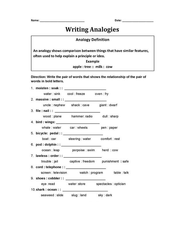 Analogies Worksheet Free